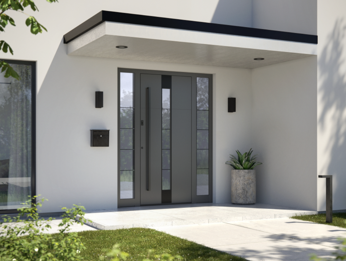 Porta blindata moderna grigia con vetrate laterali — Studio 3MG